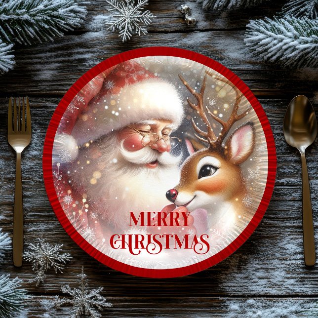 Plato De Papel Cute Holiday Plates with Cartoon Santa and Rudolph (Cute Holiday Plates with Cartoon Santa and Rudolph)