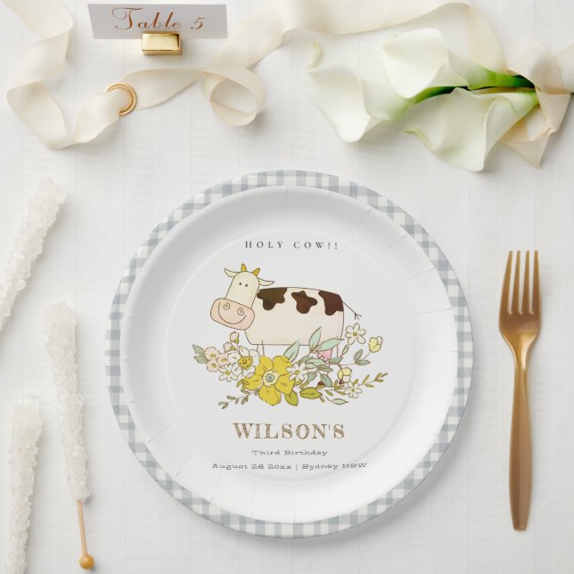 Plato De Papel Cute Holy Cow Farm Floral Kids Cualquier Edad Cump (Boda)