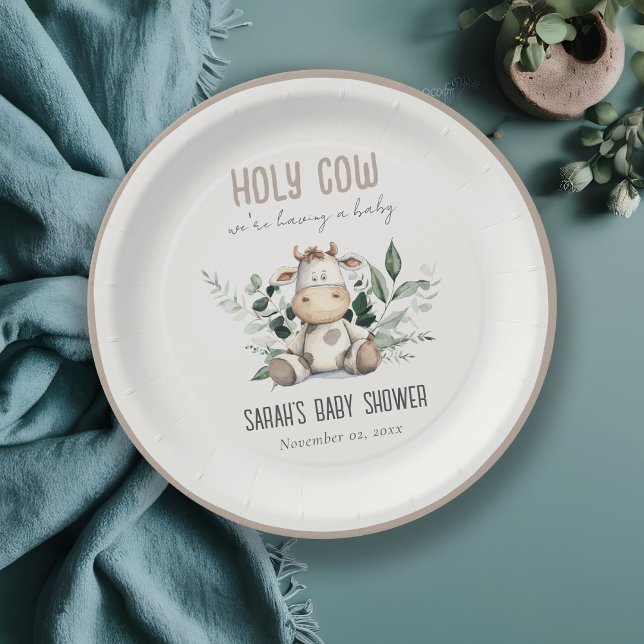 Plato De Papel Cute Holy Cow Foliage Pastel Neutral Baby Shower (Subido por el creador)