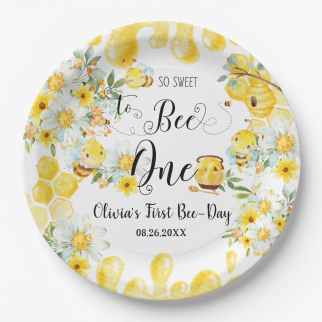 Plato De Papel Cute Honey Bees Floral Amarilla Primer Cumpleaños  (Anverso)