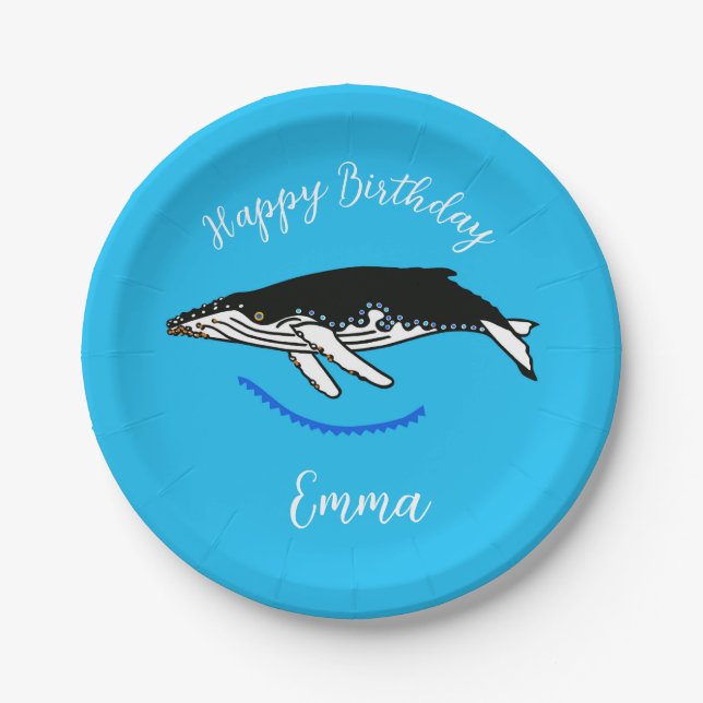 Plato De Papel Cute Humpback WHALE - Feliz cumpleaños - fiesta az (Anverso)