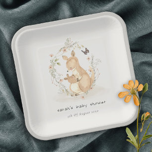 Plato De Papel Cute Joey Mama Kangaroo Floral Wreath Baby Shower