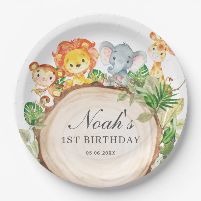 Plato De Papel Cute Jungle Animals Greenery Baby Shower Cumpleaño (Anverso)
