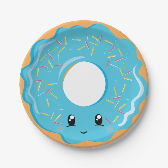 Plato De Papel Cute Kawaii azul donut placa fiesta (Anverso)
