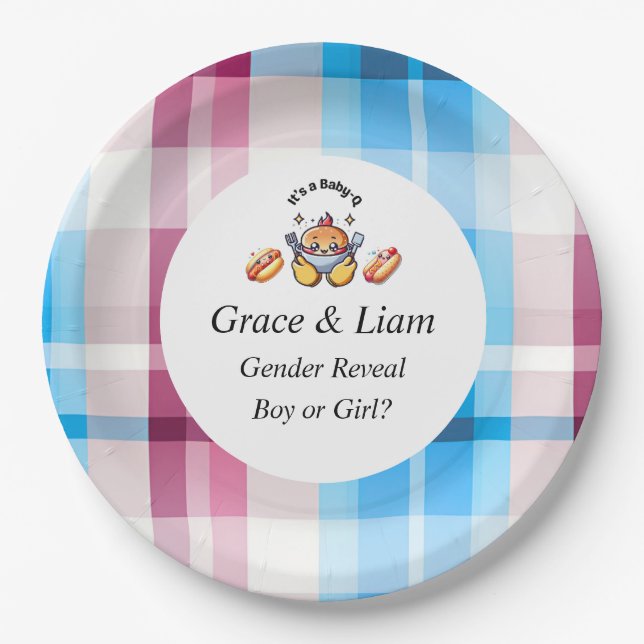 Plato De Papel Cute Kawaii Baby-Q Gender Reveal Party (Anverso)