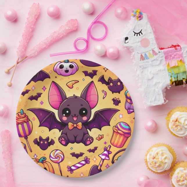 Plato De Papel Cute kawaii bat candy halloween (Fiesta)