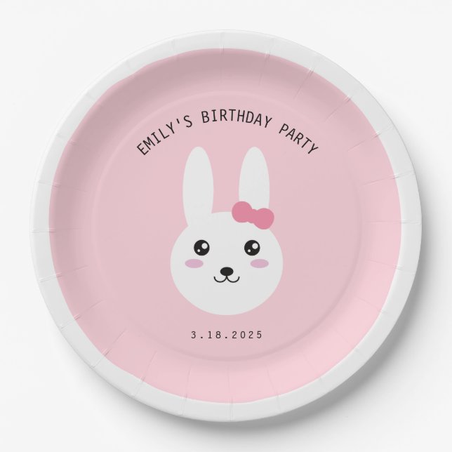 Plato De Papel Cute Kawaii Bunny Bow Celebración Del Cumpleaños R (Anverso)