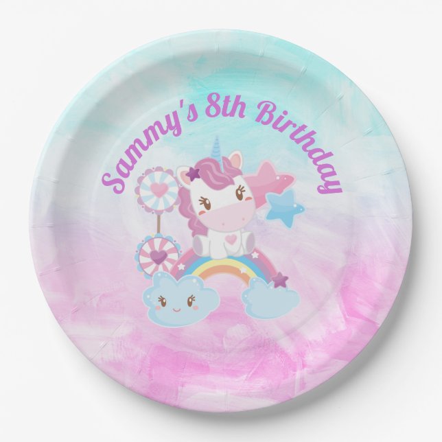 Plato De Papel Cute Kawaii Dreamy Unicorn Nube Arcoiris Cumpleaño (Anverso)