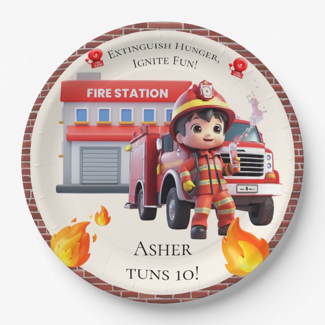 Plato De Papel Cute Kawaii Firefighter Boy and Fire Truck (Anverso)