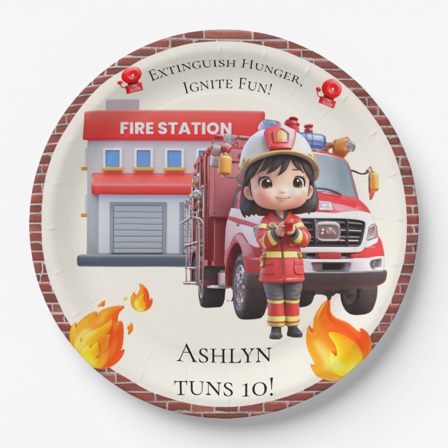 Plato De Papel Cute Kawaii Firefighter Girl and Fire Truck (Anverso)