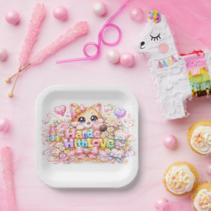 Plato De Papel Cute Kawaii Hecho Con Amor Gato Nombre Pastel Rosa