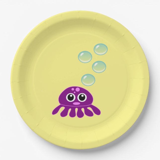 Plato De Papel Cute Kawaii Purple Jellyfish con burbujas azules (Anverso)