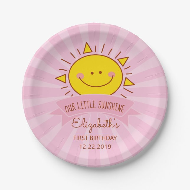 Plato De Papel Cute Kawaii Rosa Sunshine Kids Primer Fiesta de cu (Anverso)