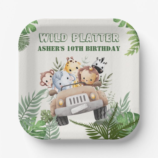 Plato De Papel Cute Kawaii Safari Wild Animals Birthday Square (Anverso)