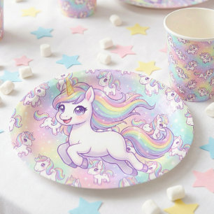 Plato De Papel Cute Kawaii Unicornio Arcoíris Pastel Mágico