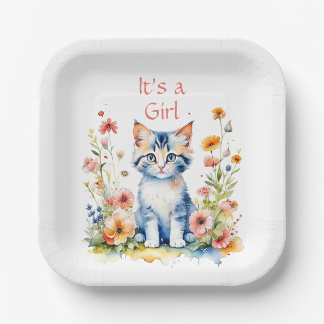 Plato De Papel Cute Kitten Chica Temática Baby Shower (Anverso)