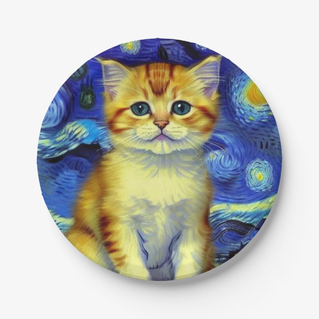 Plato De Papel Cute Kitten Starry Night Van Gogh (Anverso)