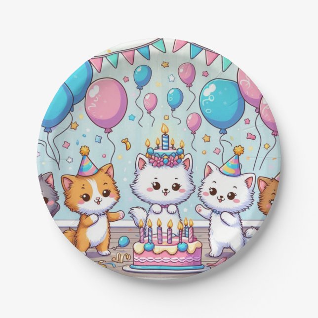 Plato De Papel Cute Kittens Birthday Party Plates (Anverso)