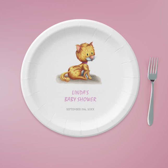 Plato De Papel Cute Kitty Cat Baby Shower (Cute Girl Kitten Baby Shower paper plates)