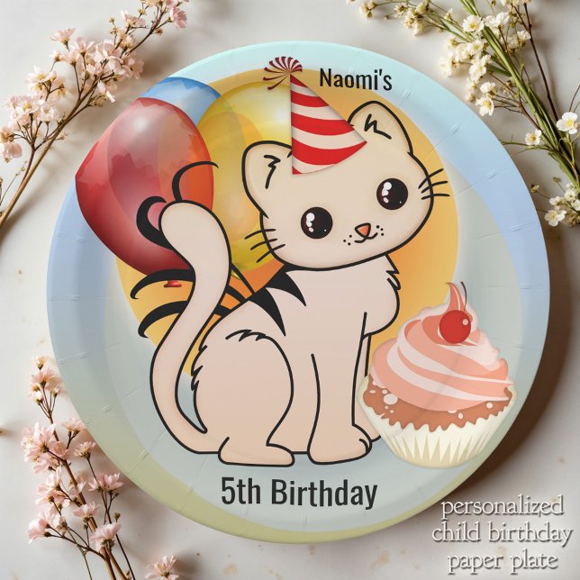 Plato De Papel Cute Kitty Happy Child Birday (Cute kitty festive child birthday paper plates featuring a kitten with balloons and a cupcake. )