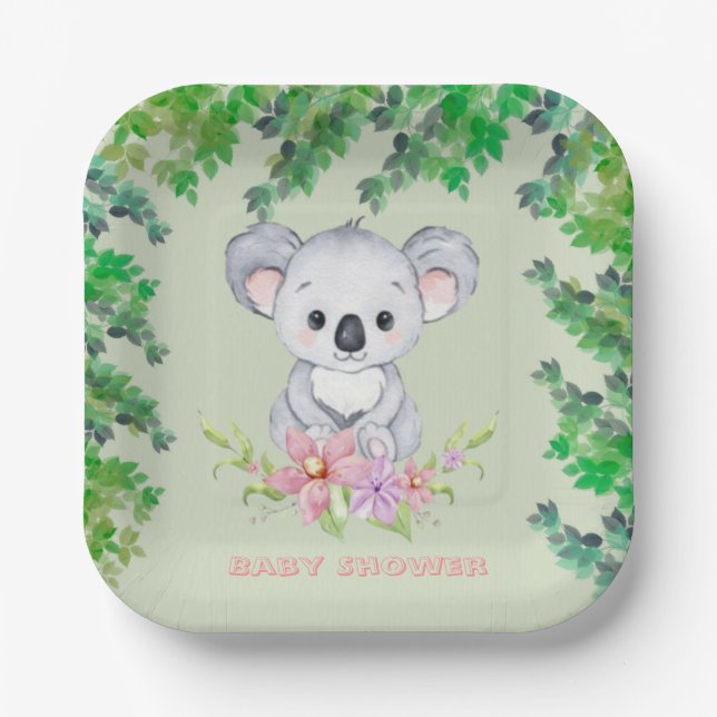 Plato De Papel Cute Koala Bear Chica Baby Shower (Anverso)