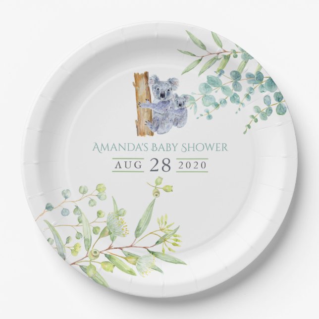 Plato De Papel Cute Koala Bears Eucalyptus deja Baby Shower (Anverso)