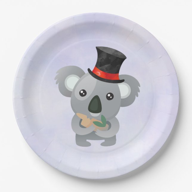 Plato De Papel Cute Koala en un sombrero negro superior (Anverso)