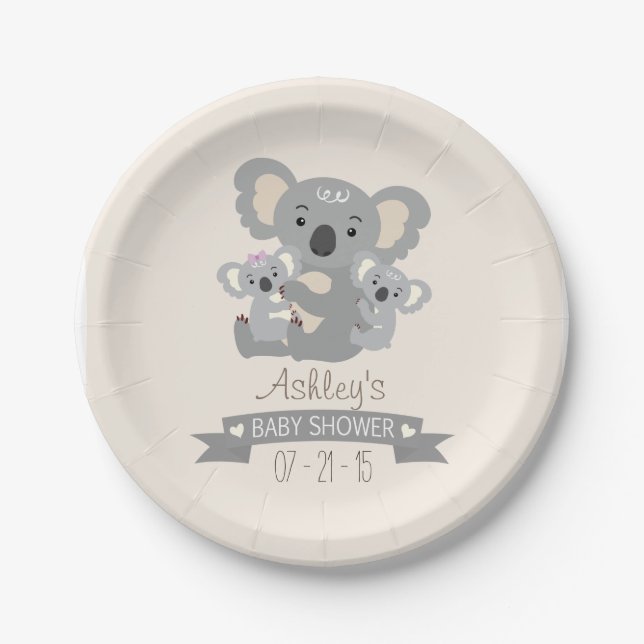 Plato De Papel Cute Koala Twins Baby Shower (Anverso)