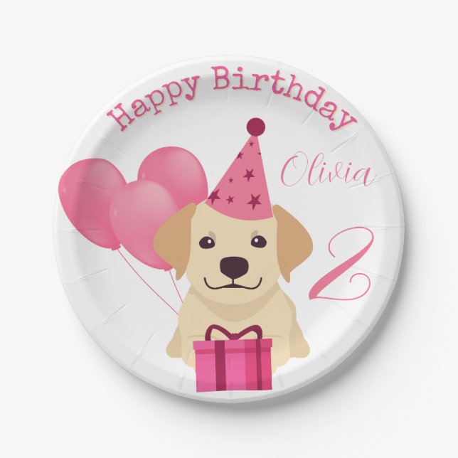 Plato De Papel Cute Labrador Recuperador Feliz Cumpleaños Placa d (Anverso)