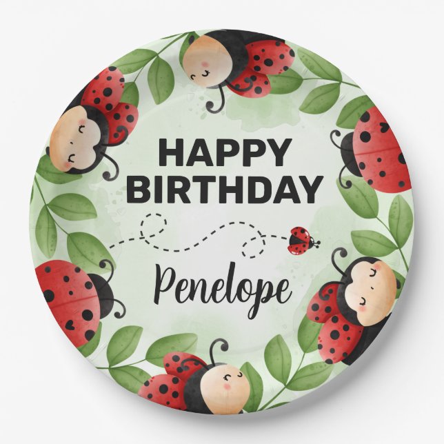 Plato De Papel Cute Ladybug Happy Birthday Fiesta Plates (Anverso)