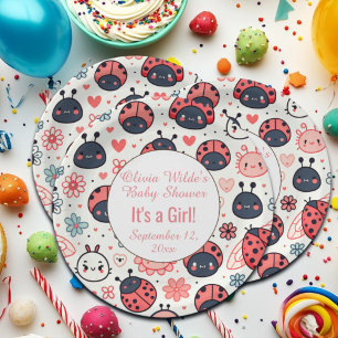 Plato De Papel Cute Ladybugs and Flowers Baby Shower