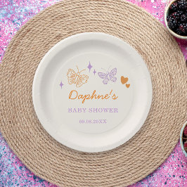 Plato De Papel Cute Lavender y Naranja Mariposa Baby Shower