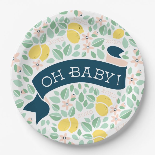 Plato De Papel Cute Lemon Yellow Botanaves Baby Shower (Anverso)