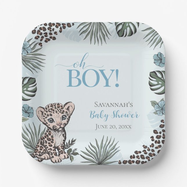 Plato De Papel Cute Leopard Cub Blue Baby Shower (Anverso)