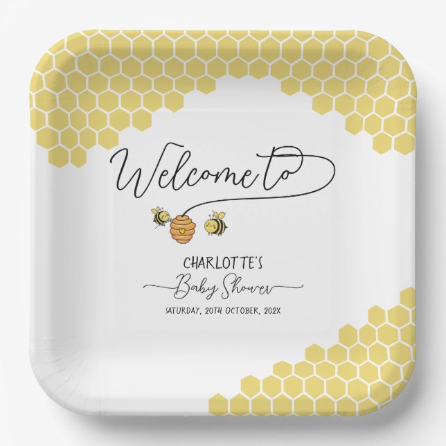 Plato De Papel Cute Little Bees Honeycomb Baby Shower (Anverso)