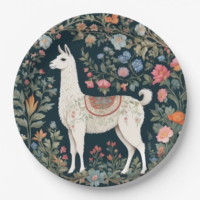 Plato De Papel Cute Llama Elegante Floral (Anverso)