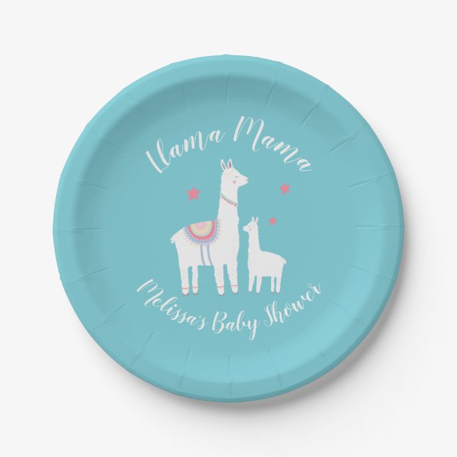 Plato De Papel Cute Llama Mama Turquoise Baby Shower (Anverso)