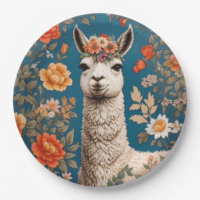 Plato De Papel Cute Llama William Morris inspirado en la floral (Anverso)