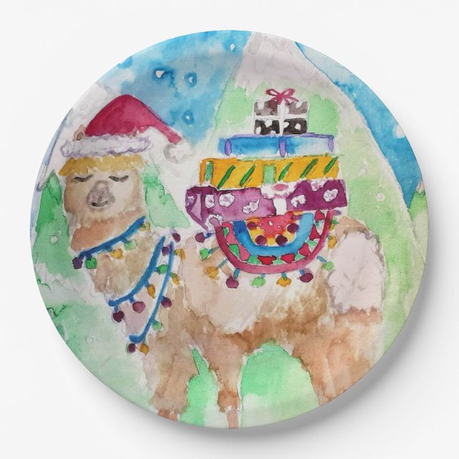 Plato De Papel Cute Lllama Navidades pintando papel Fiesta (Anverso)