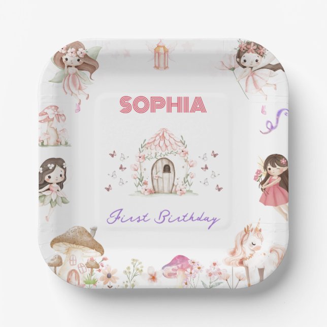 Plato De Papel Cute Magical Fairy 1st Birthday Paper Plates (Anverso)