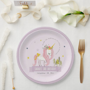 Plato De Papel Cute Magical Unicornio Púrpura Lilac Niños Cumplea