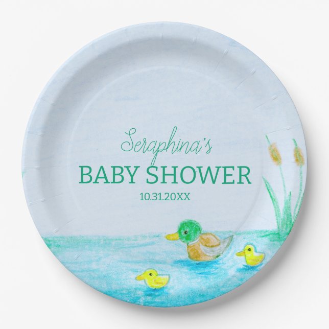 Plato De Papel Cute Mallard Duck Baby Shower (Anverso)