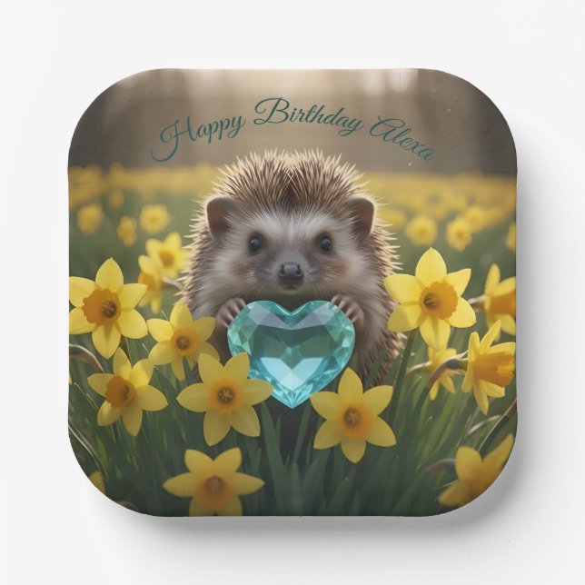 Plato De Papel Cute March Hedgehog with Aquamarine Heart (Anverso)