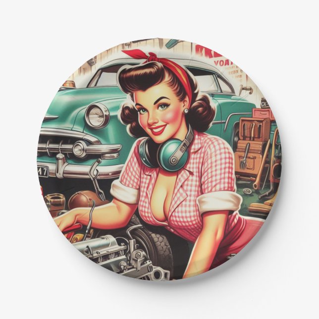 Plato De Papel Cute Mechanic Pin-up (Anverso)