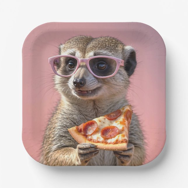 Plato De Papel Cute Meerkat con gafas y pizza (Anverso)