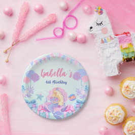 Plato De Papel Cute Mermaid Rainbow Watercolor Fiesta de cumpleañ