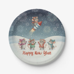 Plato De Papel Cute Mice Happy New Year Fireworks