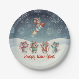 Plato De Papel Cute Mice Happy New Year Fireworks