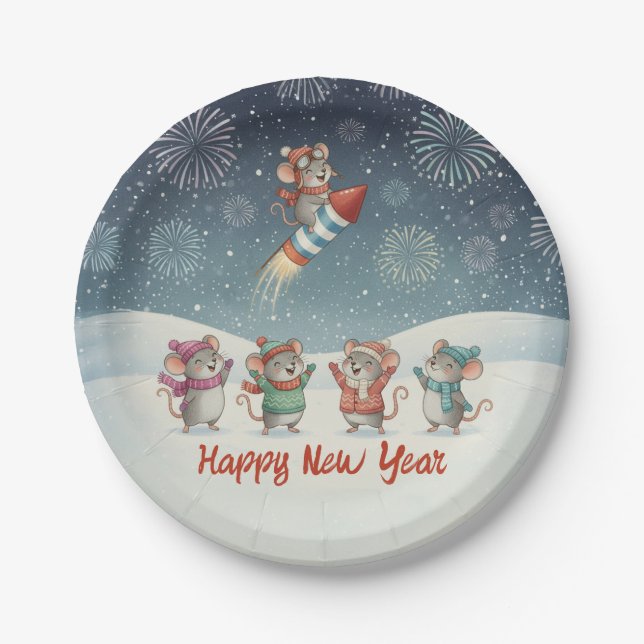 Plato De Papel Cute Mice Happy New Year Fireworks (Anverso)