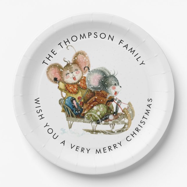 Plato De Papel Cute Mice Sleigh Merry Christmas (Anverso)